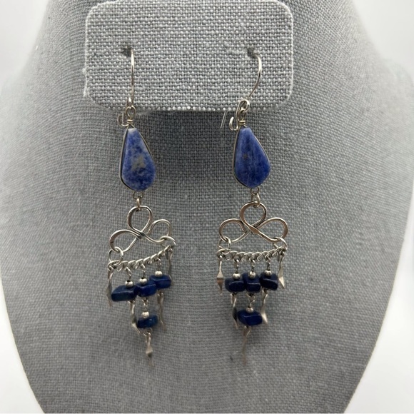 Boho Genuine Blue Stone Long Dangle Tassel Earrings Silver Tone Layered Knotted - Picture 2 of 9